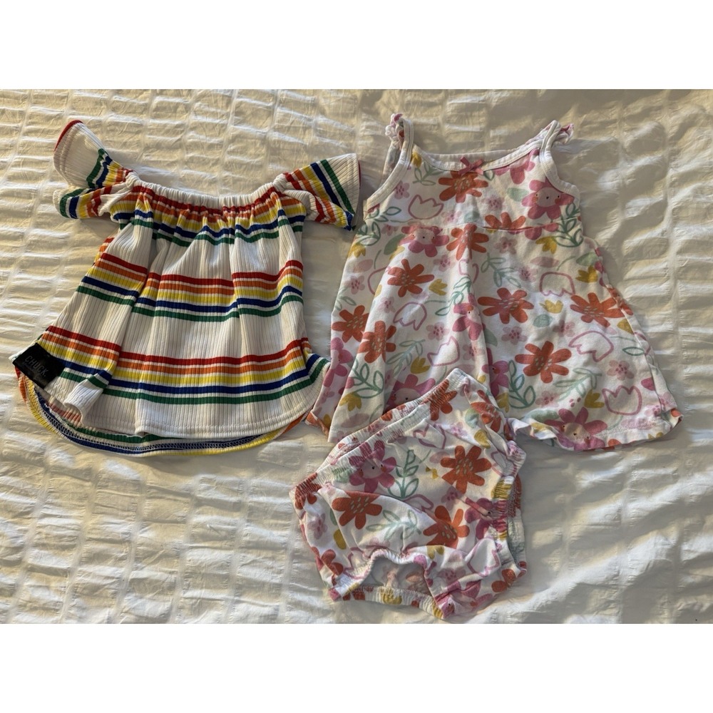 12 Month Bundle Gerber Flower Outfit With Bloomers, Chuck Handmade Stripped‎ Top
